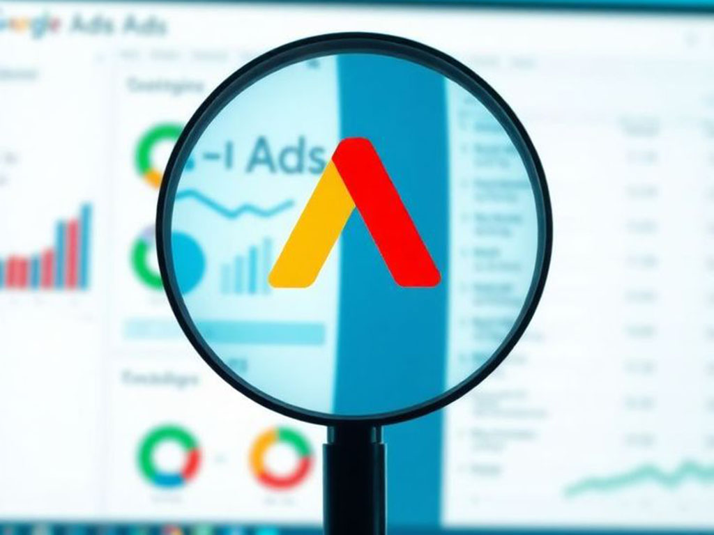 Magnifying glass over the Google Ads logo on a performance dashboard