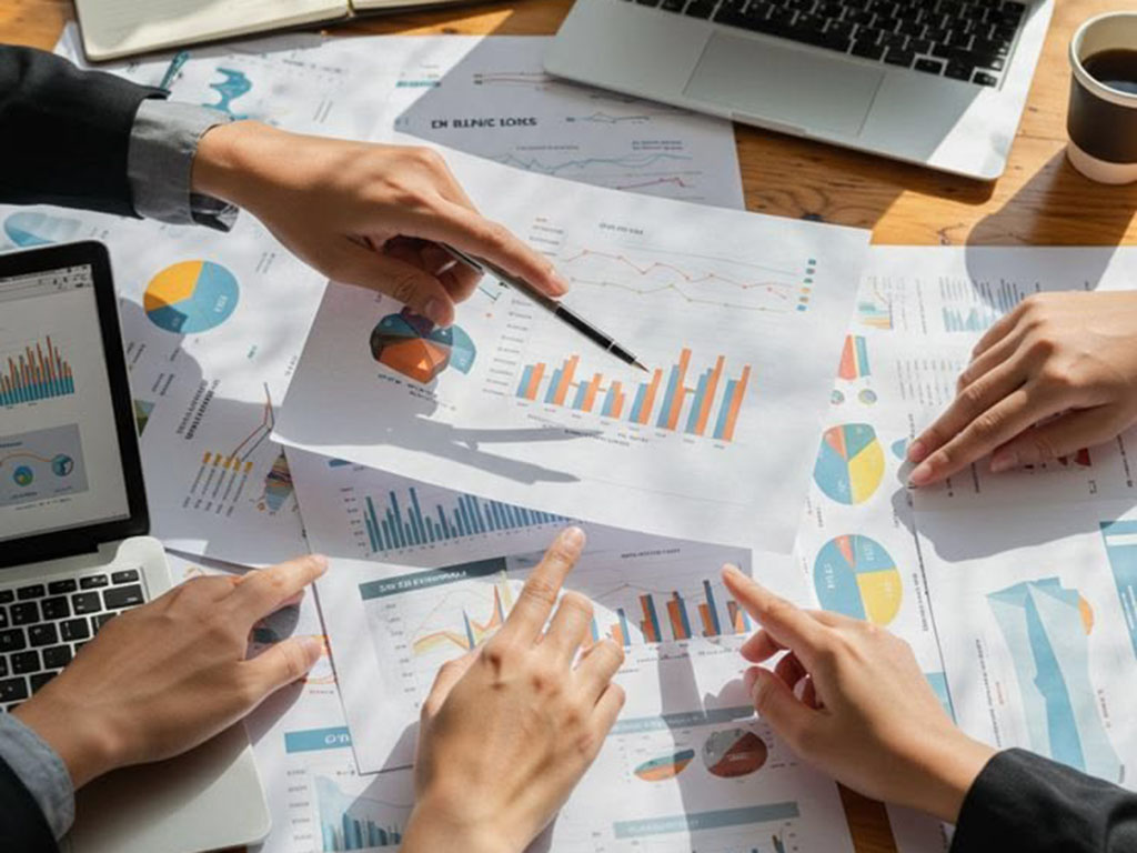 Team reviewing printed marketing performance charts on a desk