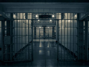 Dark, empty prison corridor with gates.